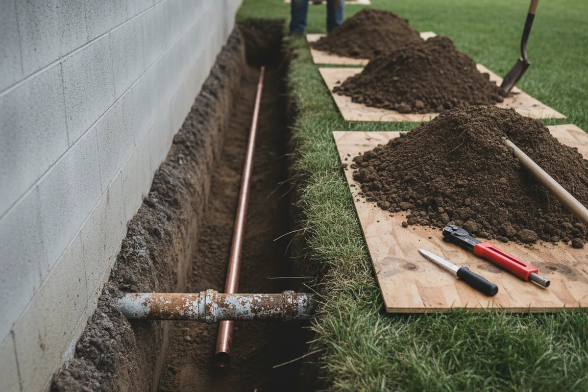 Excavated water line trench during Sewer Line Repair in Fairport